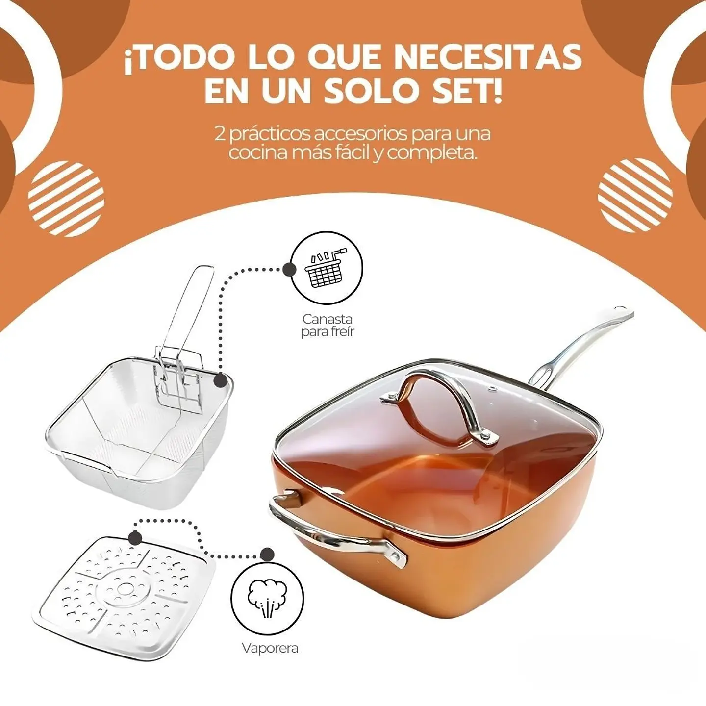Olla De Cobre Multiuso Antiadherente Cesta Freír Cerámica con accesorios 7