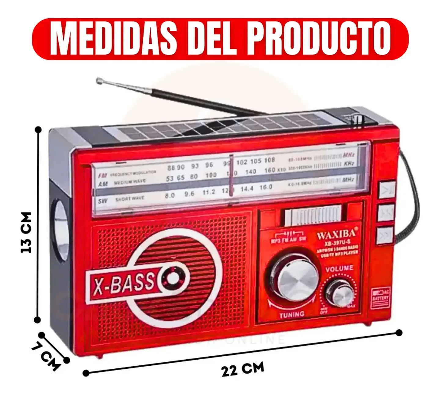 RADIO AM-FM CON LINTERNA CON PANEL SOLAR A PILAS Y RECARGABLE 7