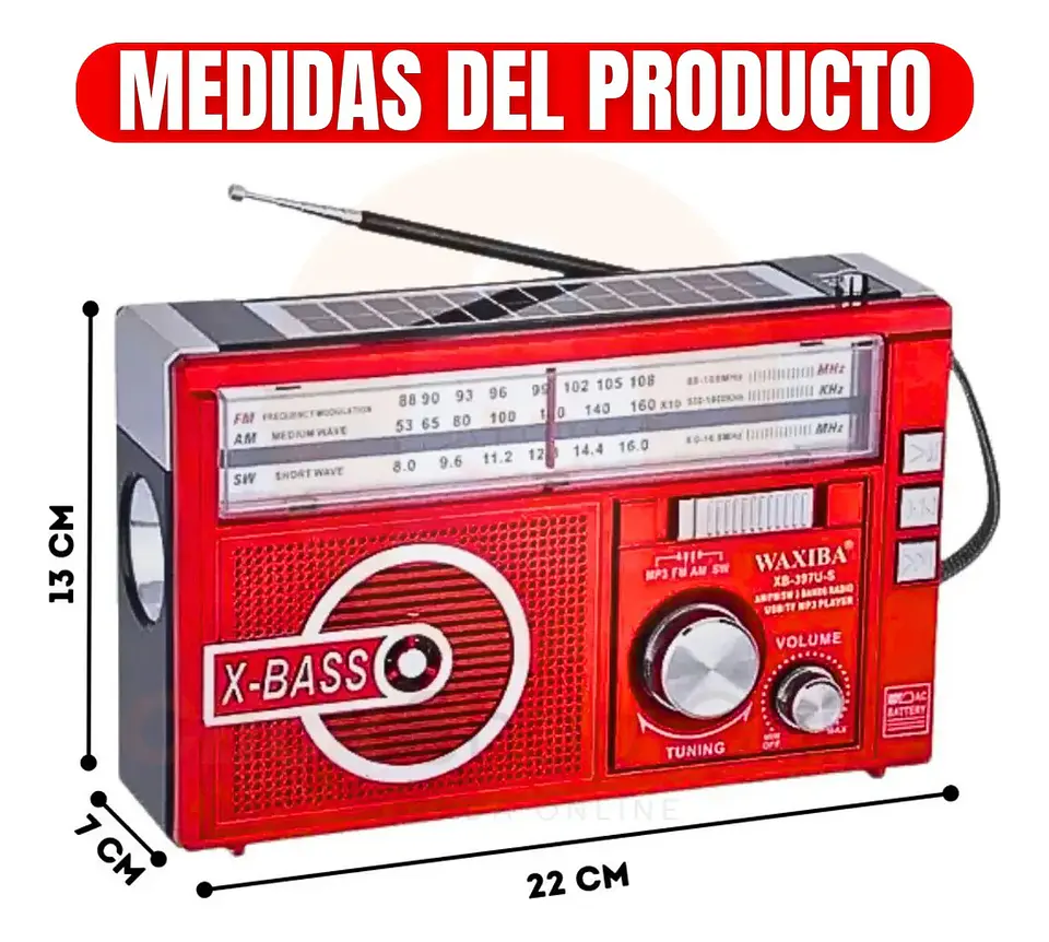 RADIO AM-FM CON LINTERNA CON PANEL SOLAR A PILAS Y RECARGABLE 7