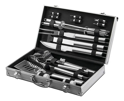 MALETA DE LUJO CON SET PARRILLERO DE 18 PIEZAS ACERO INOX