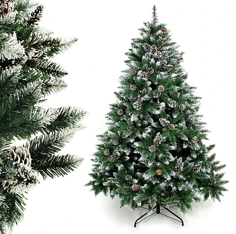 ÁRBOL NAVIDEÑO NEVADO CON ESFERAS ROJAS Y FOLLAJE REALISTA