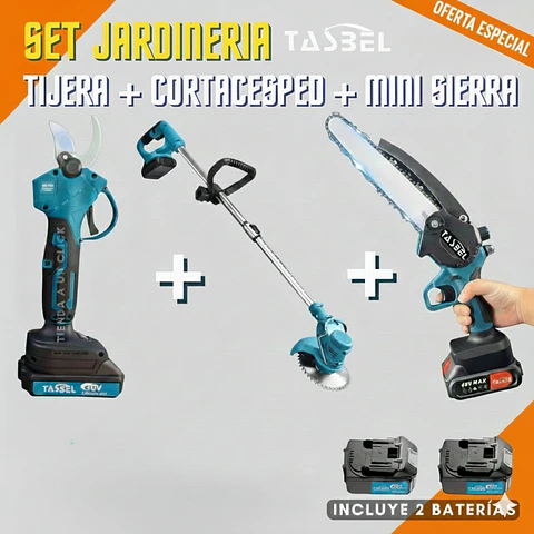 SET DE JARDIN CORTADORA DE CESPED TIJERA PODAR Y MINI MOTOSIERRA