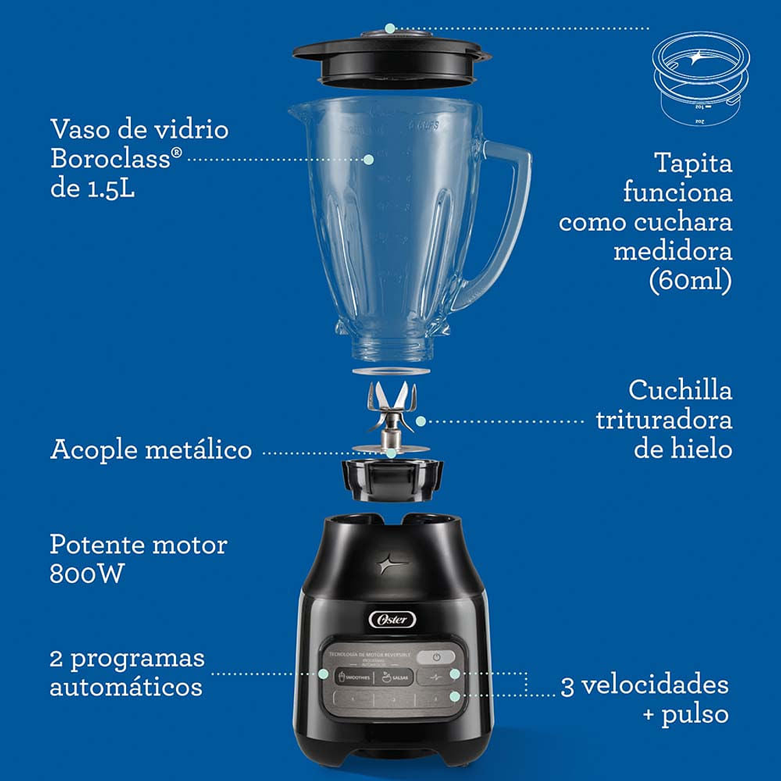 Oster® Licuadora con Tecnología Reversible, Vaso de Vidrio, Negro 3