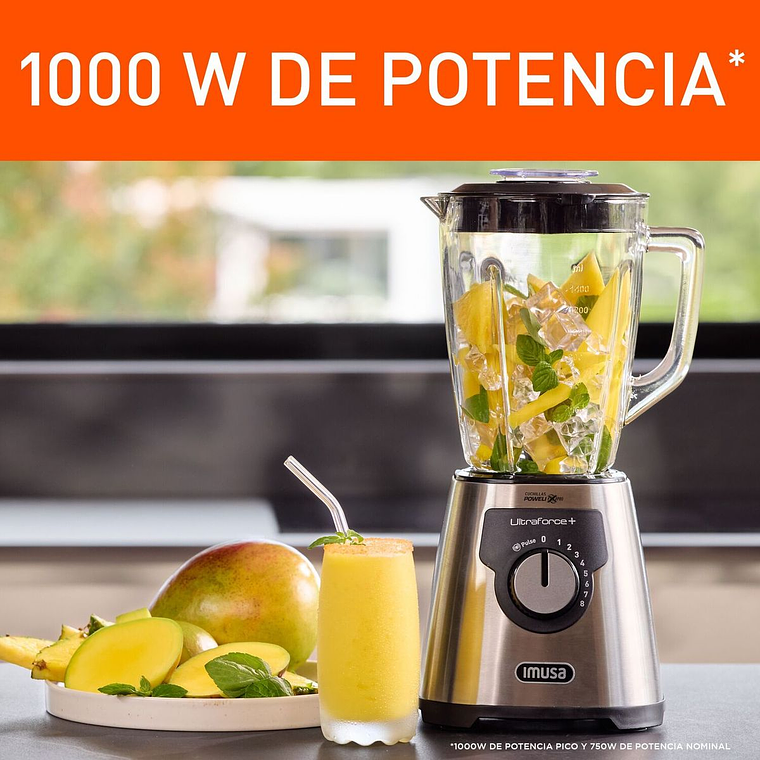 Licuadora IMUSA Ultraforce + 8V, 1000W, Vidrio, 2.2L, Acero inoxidable 4