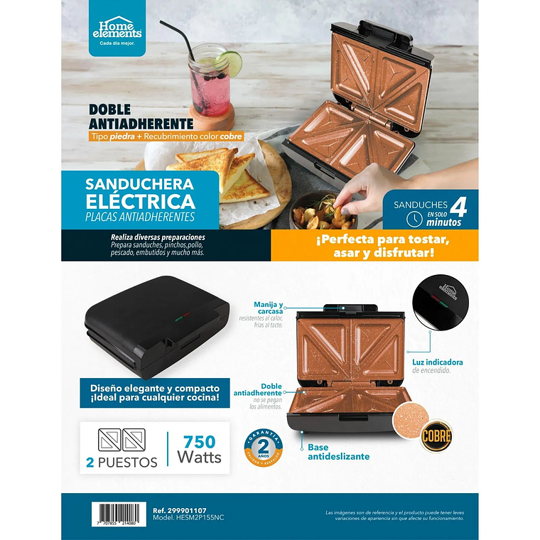 Sanduchera Eléctrica 2 Puestos Cobre / Home Elements 5