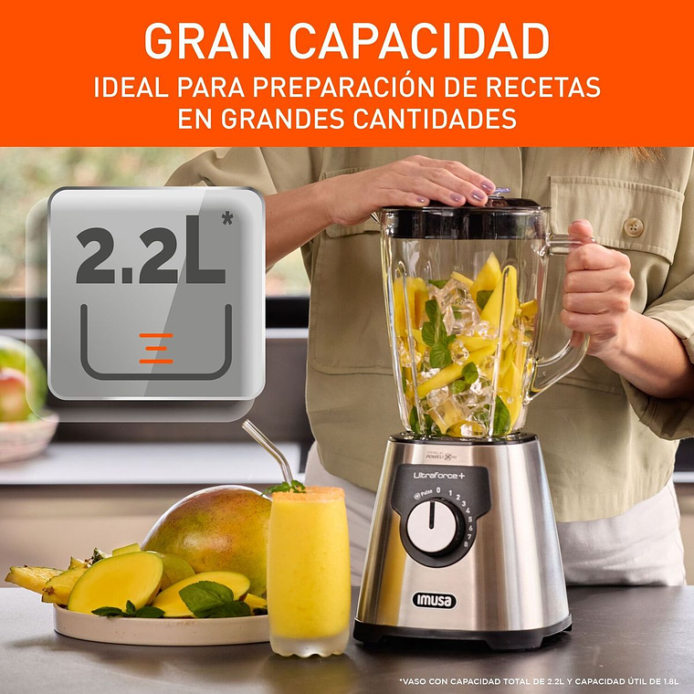 Licuadora IMUSA Ultraforce + 8V, 1000W, Vidrio, 2.2L, Acero inoxidable 2