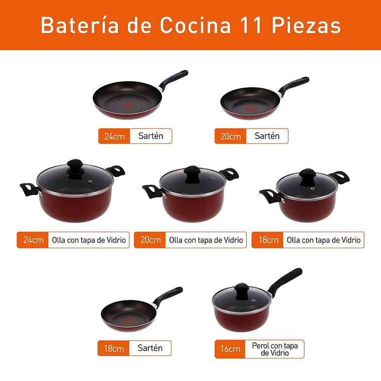 Batería de cocina IMUSA COLORS 11 piezas Rojo con Tapa de Vidrio 4