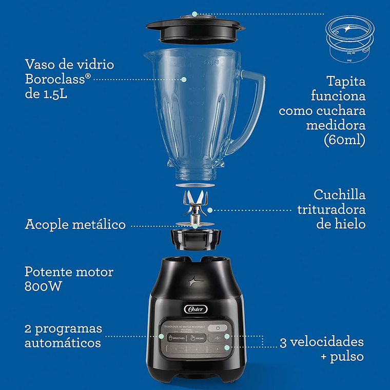 Oster® Licuadora con Tecnología Reversible, Vaso de Vidrio, Negro 3