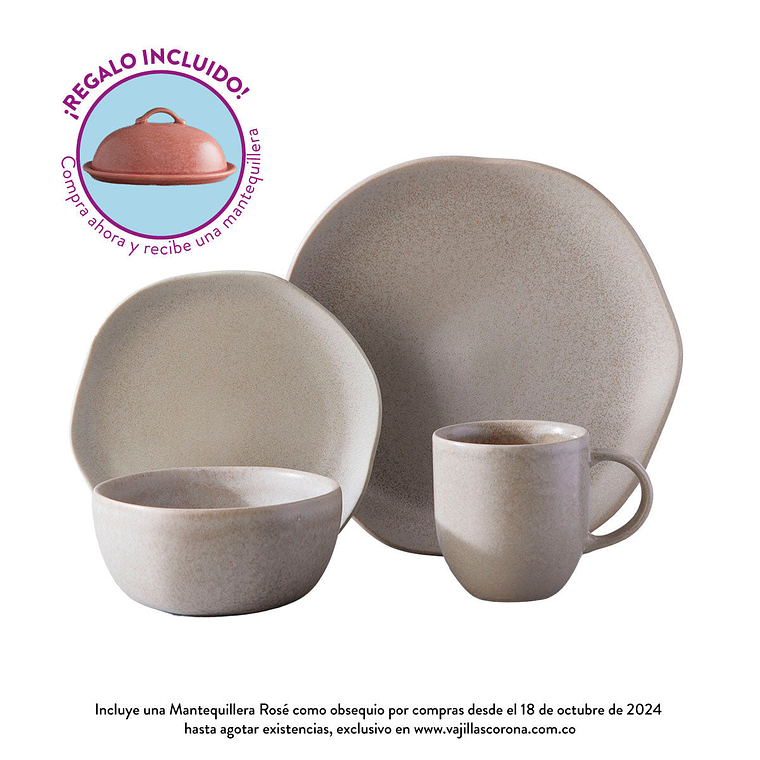 Vajilla Corona Concreto 4 Puestos 16 Piezas + 1 Mantequillera Rosé 6