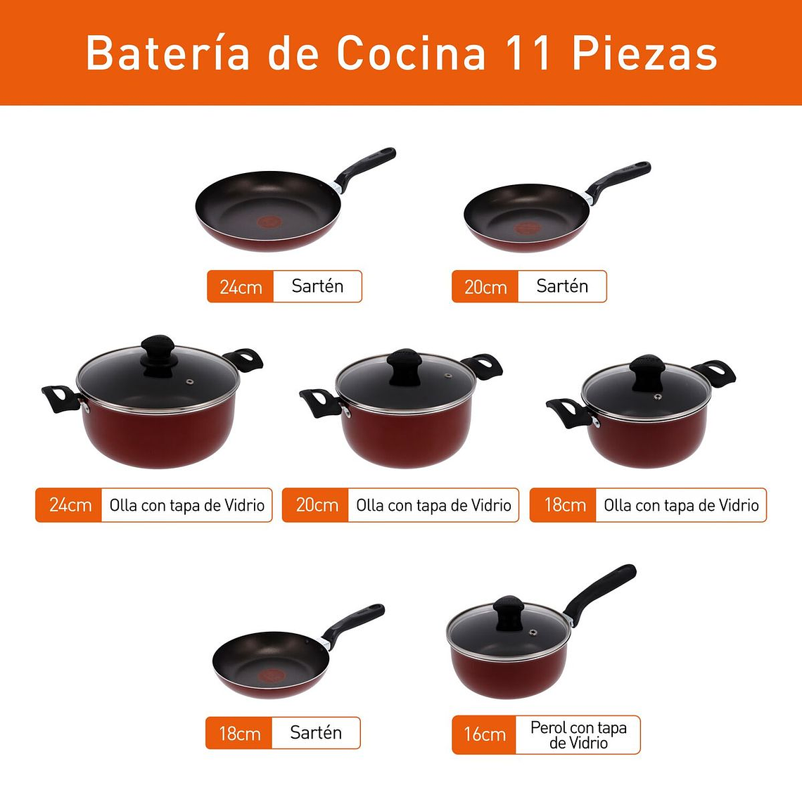Batería de cocina IMUSA COLORS 11 piezas Rojo con Tapa de Vidrio 4