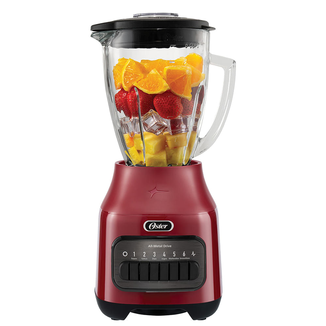 Oster® Licuadora, 6 Velocidades más Pulso, con Vaso de Vidrio Refractario Boroclass®, Rojo 1