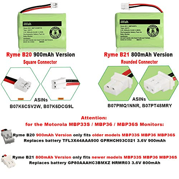 Batería iMah Ryme B21 Compatible con Motorola Baby Monitor MBP33XL, MBP481, MBP482 y MBP483 (No Compatible con MBP33, MBP33S, MBP36 y MBP36S Versión Anterior a 800 mAh) 2