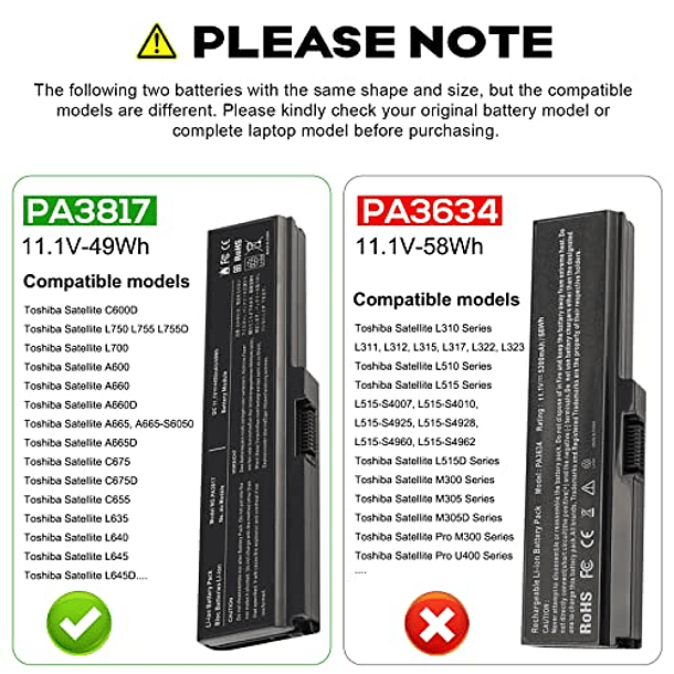 Batería Compatible para Toshiba Satellite L755 C655 M645 L750P L600 L675 L675D L700 L745 L750D L755D M640 P745 Series - Reemplazo para PA3817U-1BRS PA3818u-1BRS PA3819U-1BRS 2