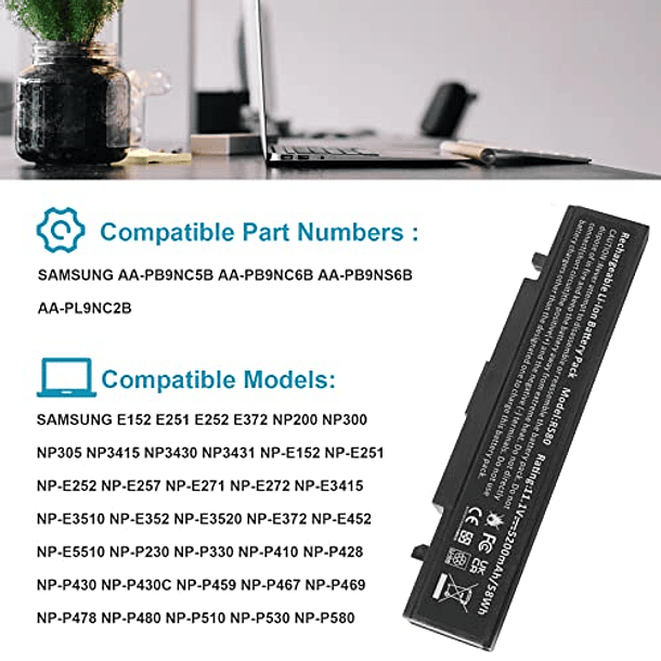 Baterías Compatibles para Portátiles Samsung R420, R430, R468, R470, R480, RV510, RV511, RC512, R519, R520, R530, R540, R580, R730, Q320, Q430, Np550P5c, Np3NP300E5A 5