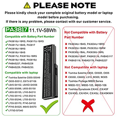 Batería Compatible con Toshiba Satellite L675, L750, L700, L755, P755, P750, C655, A655, A665, C655D, L755D, L755-s5167, L755-s5170, L755-s5175 y L755-s5213 (PA3817U-1BRS, PA3818U-1BRS)