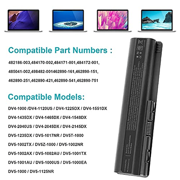 Batería Compatible para HP Pavilion DV4-2040US DV5-1010 CQ40 CQ45 CQ50 CQ60 EV06 KS524AA (SEPORE 484170-001, 484172-001, 498482-001, 484170-002, HSTNN-CB72, 462889-141, 46289-004) 5