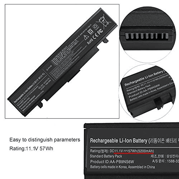 Batería Compatible para Samsung R420 R470 R480 R530 R540 R580 R730 RC512 NP300E5C NP550P5C RV510 RV511 RV515 RV520 RF510 Q320 Q430 - AA-PB9NC6B, AA-PB9NC6W, AA-PB9NS6B, AA-PB9MC6B - 11.1V 57WH 3