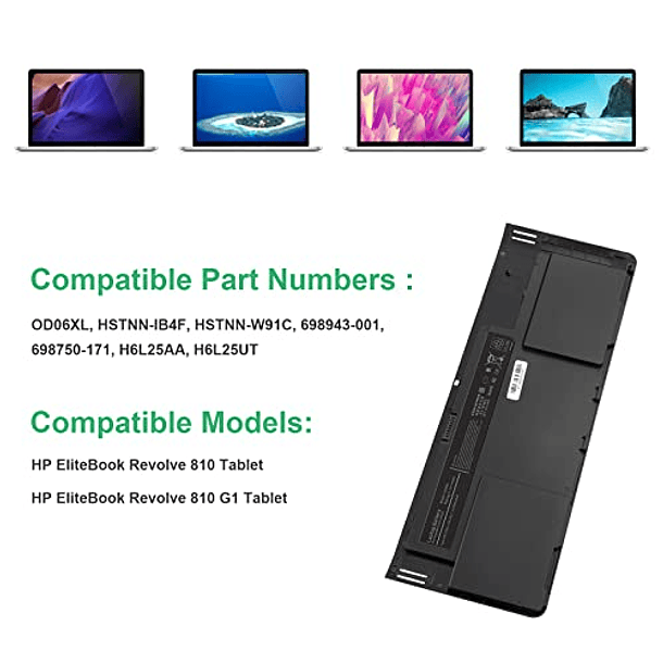 Compra de Nueva Batería para HP EliteBook Revolve 810 G1 Tablet, HP EliteBook Revolve 810 Tablet, HSTNN-IB4F OD06XL HSTNN-W91C 698750-171 H6L25AA H6L25UT [6 Celdas 11.1V 6