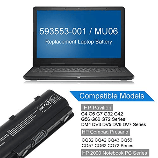 Batería Compatible para HP Pavilion G6 Seires (g6-2249wm, g6-2235us, g6-2210us, g6-1b79dx, g6-1b59wm, g6-1b60us, g6-1b39wm, g6-1c35dx, g6-1c58dx, g6-1d38dx, g6-1d70us) - 593553-001 MU06 - 6 Celdas [10 3