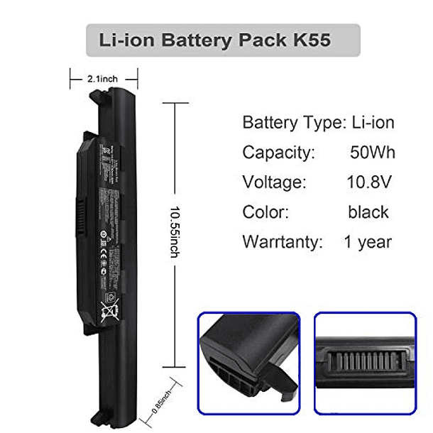 Batería Compatible para ASUS X55 X55A X55C X55U X55V X55VD X75 X75A X75V X75VD A33-K55 A41-K55 A42-K55 A45 A55 A75 K45 K55 K75 K55A K55VD K55VM K55N R400 R500 R500A R500V R700 - 6 Celdas 2