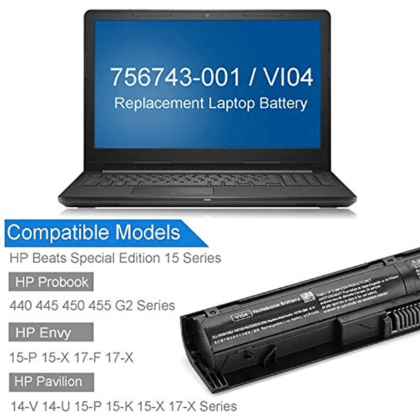 Batería Compatible para HP ProBook 450 G2 450 G3 440 G2 Envy 14 15 17 Serie M7-K111DX HSTNN-LB6I HSTNN-C82C DMKAOLLK 756743-001 VI04 756745-001 756744-001 756478-851 756478-421 VI04XL 3