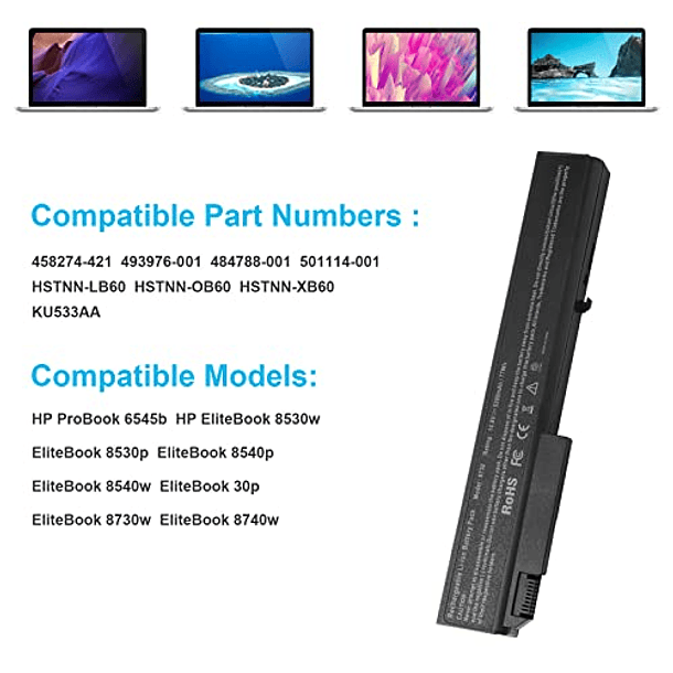 Batería Compatible para HP EliteBook 8530p 8540p 8730p 8730w 8740w 8530w 8540w ProBook 6545b - P/N 493976-001 HSTNN-LB60 HSTNN-XB60 KU533AA AV08 AV08XL 6