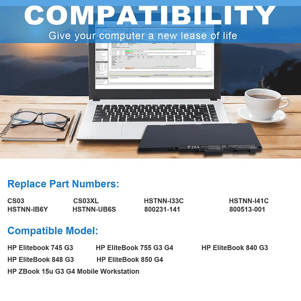 Batería Compatible para HP EliteBook 840 G3/G4, 848 G3/G4, 850 G3/G4, 755 G3/G4, 745 G3/G4 (P/N: HSTNN-UB6S, HSTNN-IB6Y, 800231-141, 800513-001, 800231-16C1XL) 6