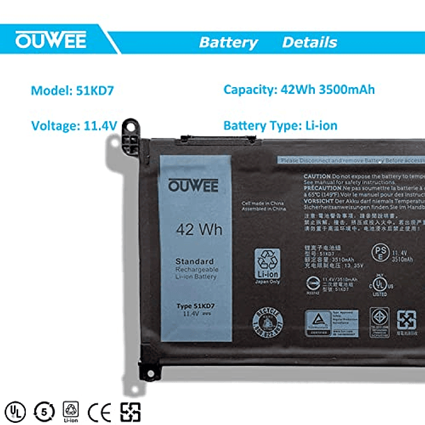 Batería Compatible con Dell Chromebook 11 3180 3189 5190 3100 3181 Serie 2 en 1 Notebook 051KD7 Y07HK FY8XM 0FY8XM 11.4V 42Wh 3500mAh 3 Celdas OUWEE 51KD7 2