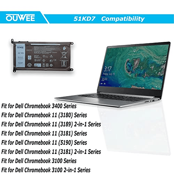 Batería Compatible con Dell Chromebook 11 3180 3189 5190 3100 3181 Serie 2 en 1 Notebook 051KD7 Y07HK FY8XM 0FY8XM 11.4V 42Wh 3500mAh 3 Celdas OUWEE 51KD7 4