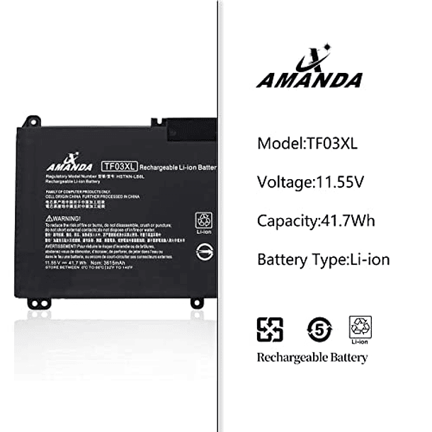 Batería de Repuesto para Portátil HP Pavilion 15-CC, 15-CD, 17-AR Series (Amanda TF03XL) - 15-cc154cl, 15-cc060wm, 15-cc152od, 15-cc055od, 15-cd040wm, 17-AR007CA, 17-AR050WM, 920046-121, 920070-855, H 2