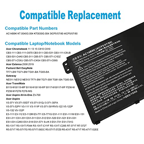 Batería Compatible con Acer Aspire R5-571T R5-471T R7-371 R7-371T R3-131T ES1-511 ES1-512 ES1-531 E3-112 Chromebook CB5-571 CB3-531 Swift 3 SF314-51 SF314 -52 Nitro 5 AN515-51 Aspire 5 A515-51 (AC14B8 6