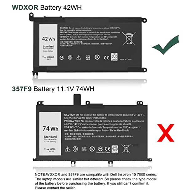 Batería de Repuesto Compatible para Dell Inspiron 13 15 5000 7000 Series 5570 7378 7579 5567 5368 5568 5578 7570 7569; Modelos P69G Y3F7Y 3CRH3 T2JX4 FC92N 11.4V 3