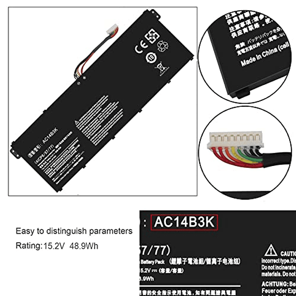 Batería Compatible con Acer Chromebook 11 13 15 CB3-111 CB3-511 CB5-311 CB5-571 CB3-531 CB3-531-C4A5 C810 C910 Spin 3 SP513-51 SP513-51-55ZR Aspire ES1-512 R5-521VTG 15 48.9WH - AC14B3K KT00403032 3