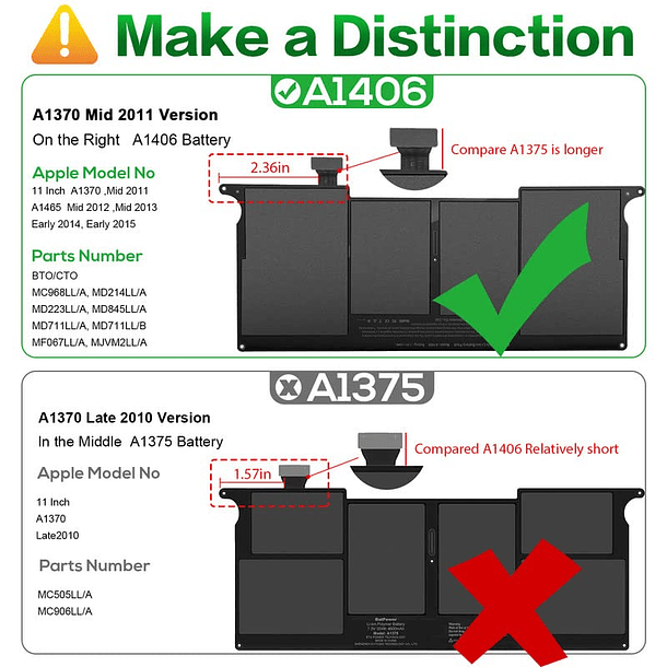 Batería Compatible para MacBook Air 11'' A1370 (2011-2015) y A1495 A1465 (2011-2014) - No para A1370 (2010) 3