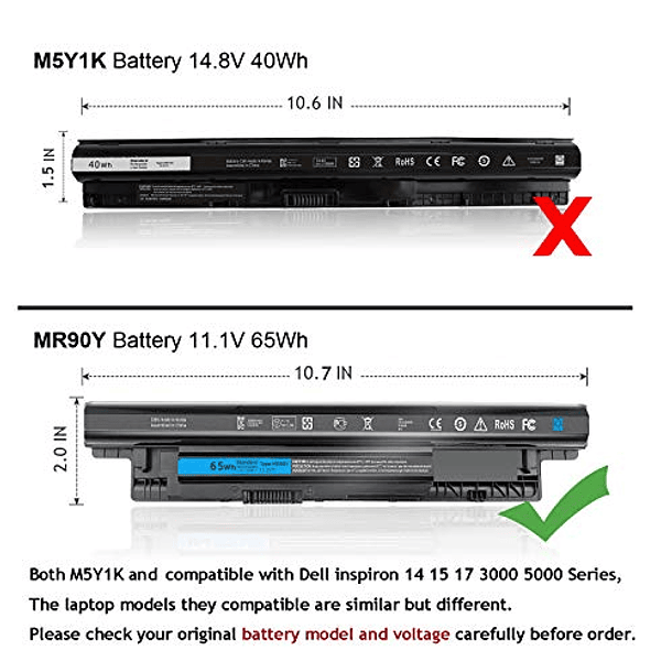 Batería para Portátil 65WH Mr90y Compatible con Dell Inspiron 15-3521, 15-3531, 15-3537, 15-3542, 15-3543, 15r-5521, 15r-5537, 17-3721, 17-3737, 17r-5737, 17r-5727, 14r-5421, 34, 47, Latitud 3540, 312 3