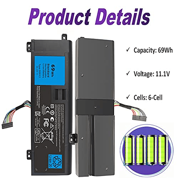 Batería Compatible para Computadora Portátil Dell 14 A14 M14X R3 R4 14D-1528 Series ALW14D-1528 ALW14D-1728 ALW14D-1828 0G05YJ Y3PN0 8X70T 11.1V 69WH (Yongerwy G05YJ) 3