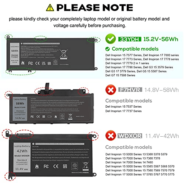 Batería para Dell Inspiron 17 7000, Latitude 13 3380, 14 3490, 15 3590, 3580, G3 3579, 3779, G5 5587, G7 7588, 7773, 7577, 7778, 7779, 7786, 81PF3, 081Vh]PF3, P30E, 5 4