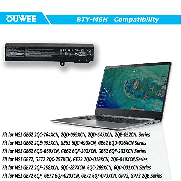 Batería Compatible para MSI GE62 2QC 2QE 6QC 6QD 6QF GE72 2QC 2QD 2QE 6QC 6QD 6QF Series Notebook 3ICR19/65-2 OUWEE BTY-M6H 10.86V 51WH 4730mAh 6 Celdas 4