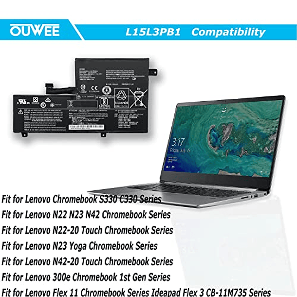 Batería Compatible con Lenovo Flex 11 Chromebook S330 C330 N22 N22-20 N23 N42 N42-20 300E Chromebook Series L15M3PB1 5B10K88047 5B10K88048 5B10K88049 SB18C15129 11,1 V 4 4