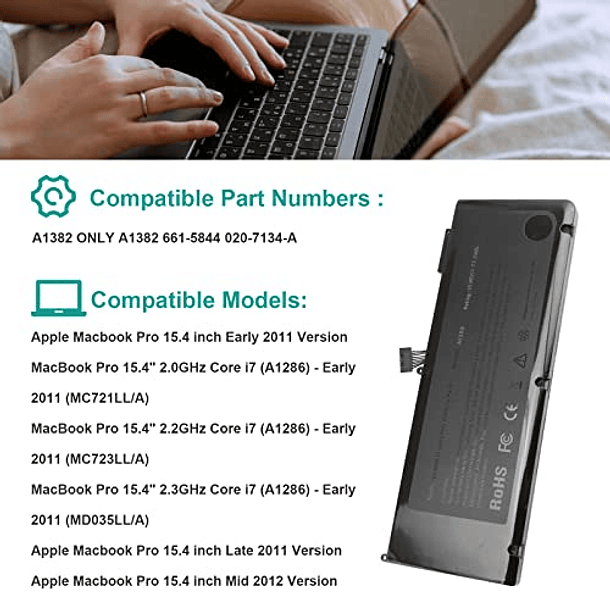 Batería A1382 para MacBook Pro de 15 pulgadas Core i7 (2011-2012) A1286 MC721LL/A MC723LL/A MD035LL/A MD318LL/A MD322LL/A MD103LL/A MD104LL/A - 10. 4