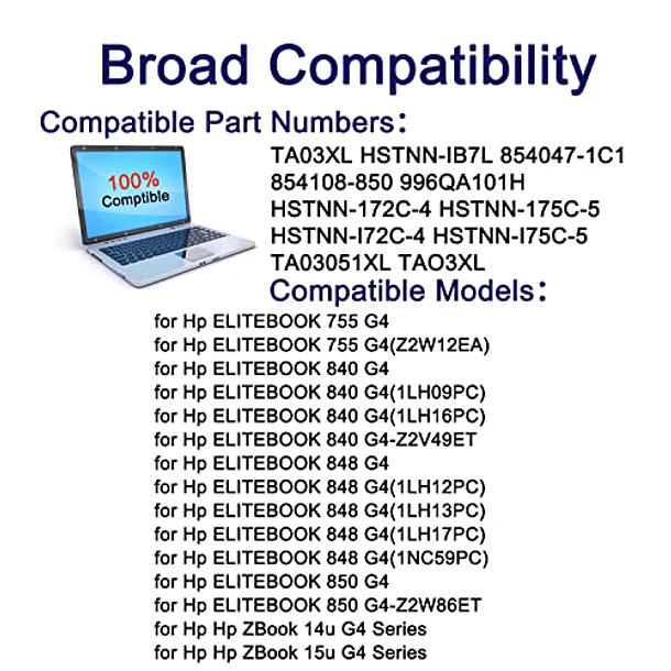 Batería Compatible con HP EliteBook 745 755 840 848 850 G4, ZBook 14U 15U G4, HSTNN-LB7J, HSTNN-IB7L, HSTNN-172C-4, HSTNN-8541-8550, SUNNEAR TA03XL CS03XL 854047-421, 996QA101H TA03051XL 5