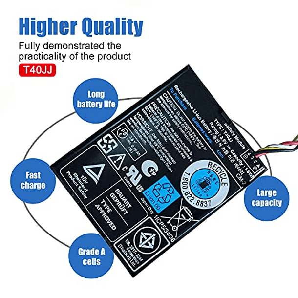 Dentsing T40JJ 70K80 H132V Batería compatible con Dell PERC RAID H710 H710P H730 H810 H830 PowerEdge M620 R320 R420 R520 R620 R720 R820 T110 T420 Series con estuche 4