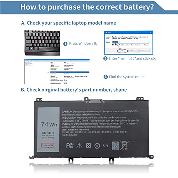 Batería de iones de litio para Dell Inspiron 15 7000 Gaming 15 7559 7557 7567 7566 7759 5576 5577 - Perhanmm 74Wh Tipo 0GFJ6 P57F P65F001 071JF4 0357F9 - 6 celdas 11.4V 3