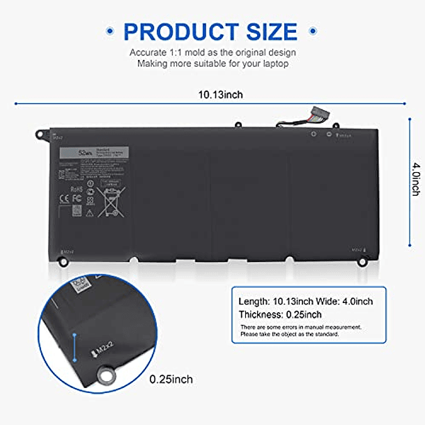 Batería Compatible para DELL XPS 13 9350 9343 P54G P54G001 P54G002 0JHXPY 0N7T6 090V7W 05K9CP 0DRRP 0RWRT4. 3