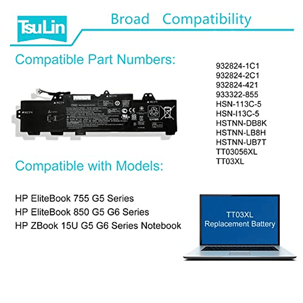 Batería de Repuesto para HP EliteBook 755 G5 850 G5 850 G6 ZBook 15U G5 15U G6 Series - 11.55V 56Wh 4850mAh - TT03XL 933322-855 932824-421 HSTNN-DB8K HSTNN-LB8H 6