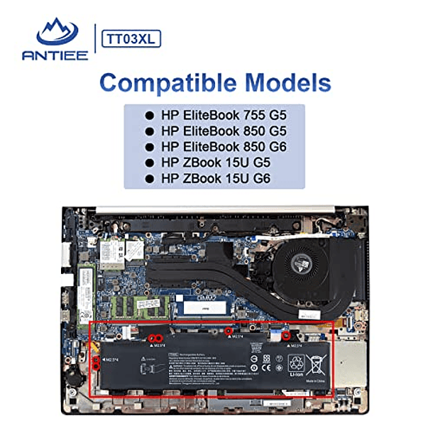 Batería Compatible para HP EliteBook 755 G5/ 850 G5/ 850 G6, ZBook 15U G5/ 15U G6 Series - TT03XL 933322-855, 932824-1C1 932824-2C1 932824-421 HSTNN-LB8H HSTNN-DB8K HSTNN-UB7T HSN-113C-5V 11.56Wh 485 6