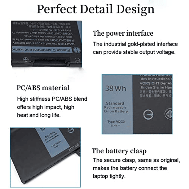 Batería de Repuesto para Dell Inspiron 13 7000 2 en 1 (38Wh/11.4V) - Modelos: F62G0, P83G, P83G001, P91G001, P91G, P87G, 39DY5, 039DY5, 13 5370, 7370, 7373, 7380, 7386, 13MF, Vostro 5370, RPJC3, 0RPJC 4