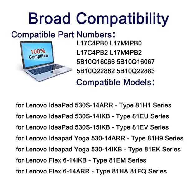 Batería Compatible con Lenovo Flex 6-14IKB 6-14ARR IdeaPad 530S-14ARR 530S-14IKB 530S-15IKB Yoga 530-14ARR 530-14IKB XiaoXin Air 14IKBR 15IKBR 15ARR 15IWL Serie SUNNEAR L17M4PB0 L17C4PB0 L17C4PB2 5B10 4