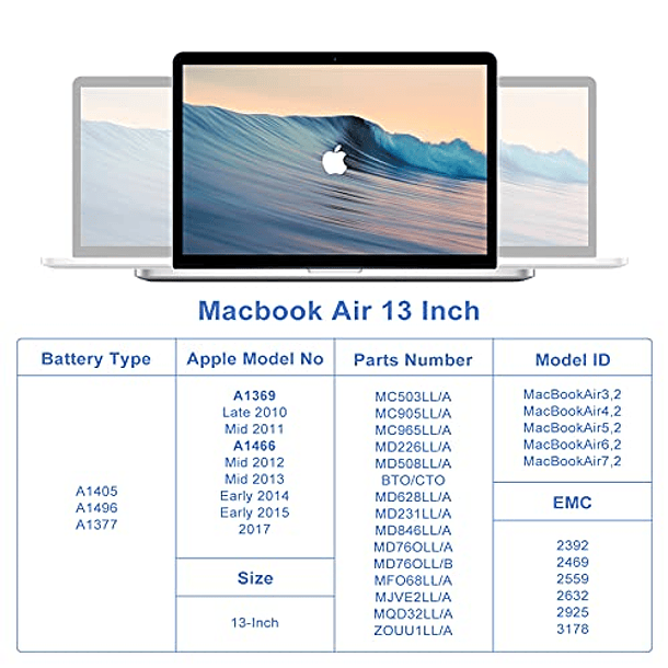 Baterías de Repuesto para MacBook Air de 13 Pulgadas (2010-2017): A1466, A1405, A1377, A1369. 5