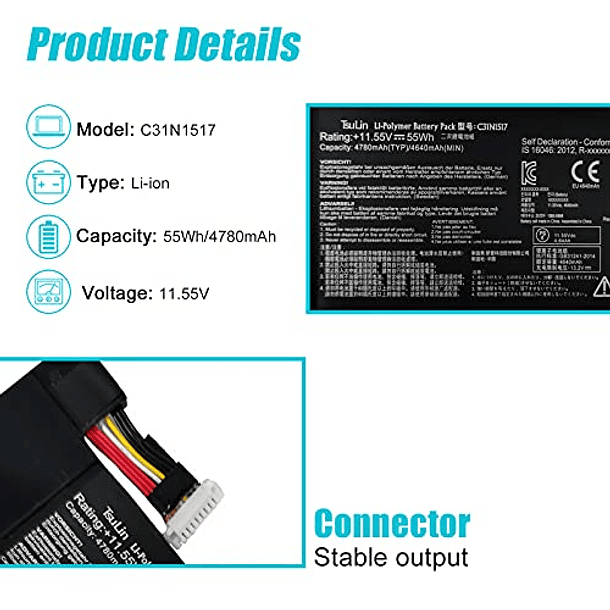 Batería Compatible para Asus VivoBook Flip TP301 Series Notebook (TsuLin C31N1517 0B200-01840000) 11.55V 55Wh 4780mAh 2